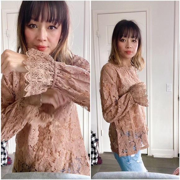 #44 Boho Floral Lace Sheer Flounce Sleeve Blouse - Picture 6 of 7